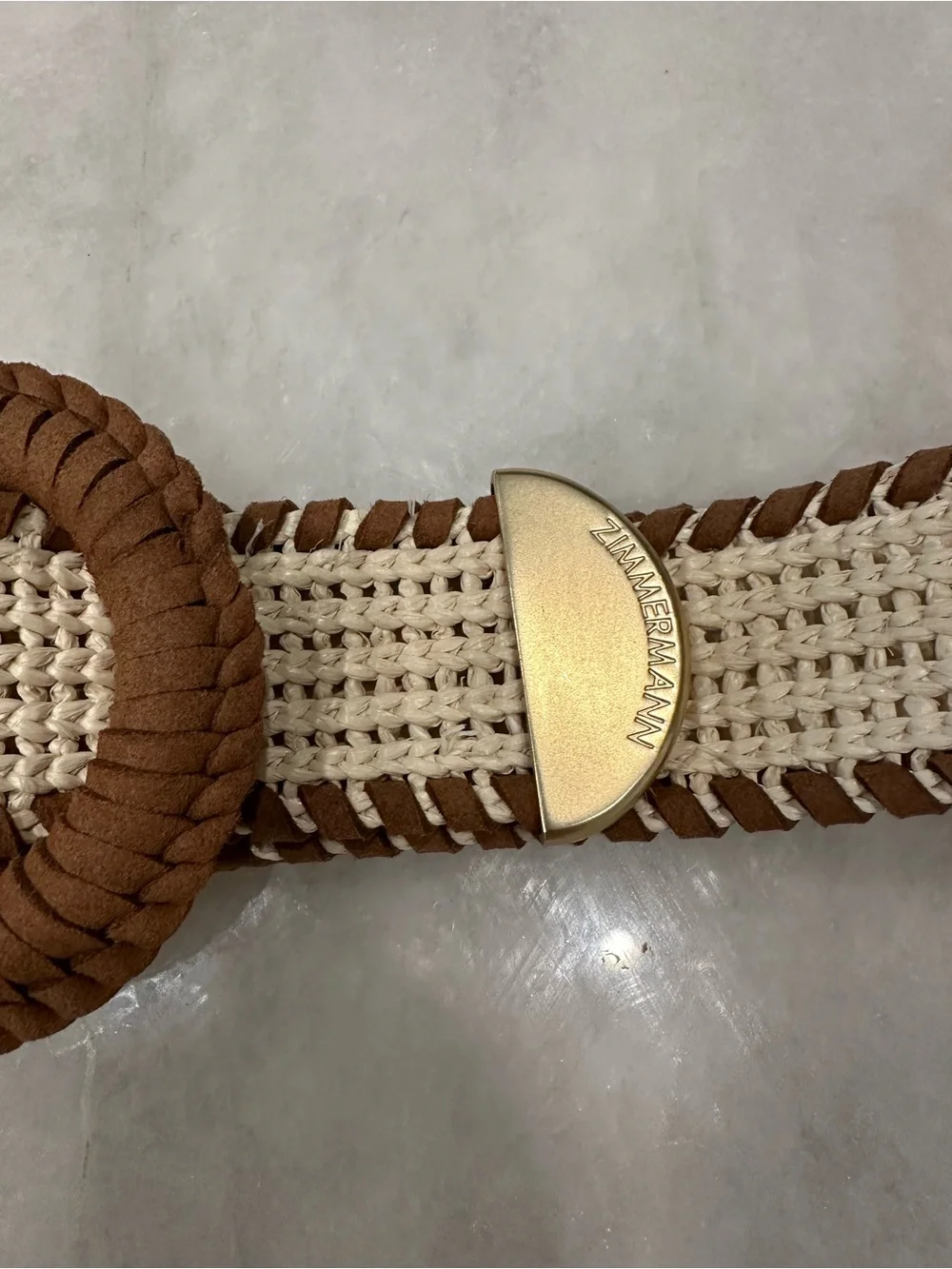 Zimmermann Beige Woven Belt with Brown Buckle and Gold Accent